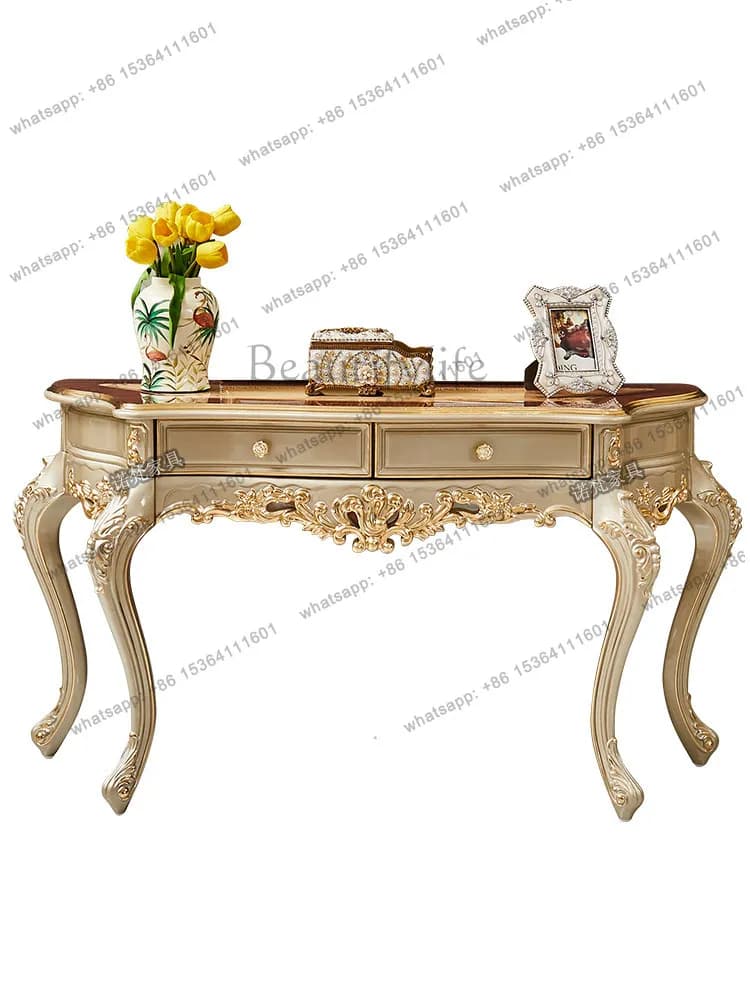 European solid wood porch cabinet with pumping wall table full solid wood carving flower porch rack American champagne gold