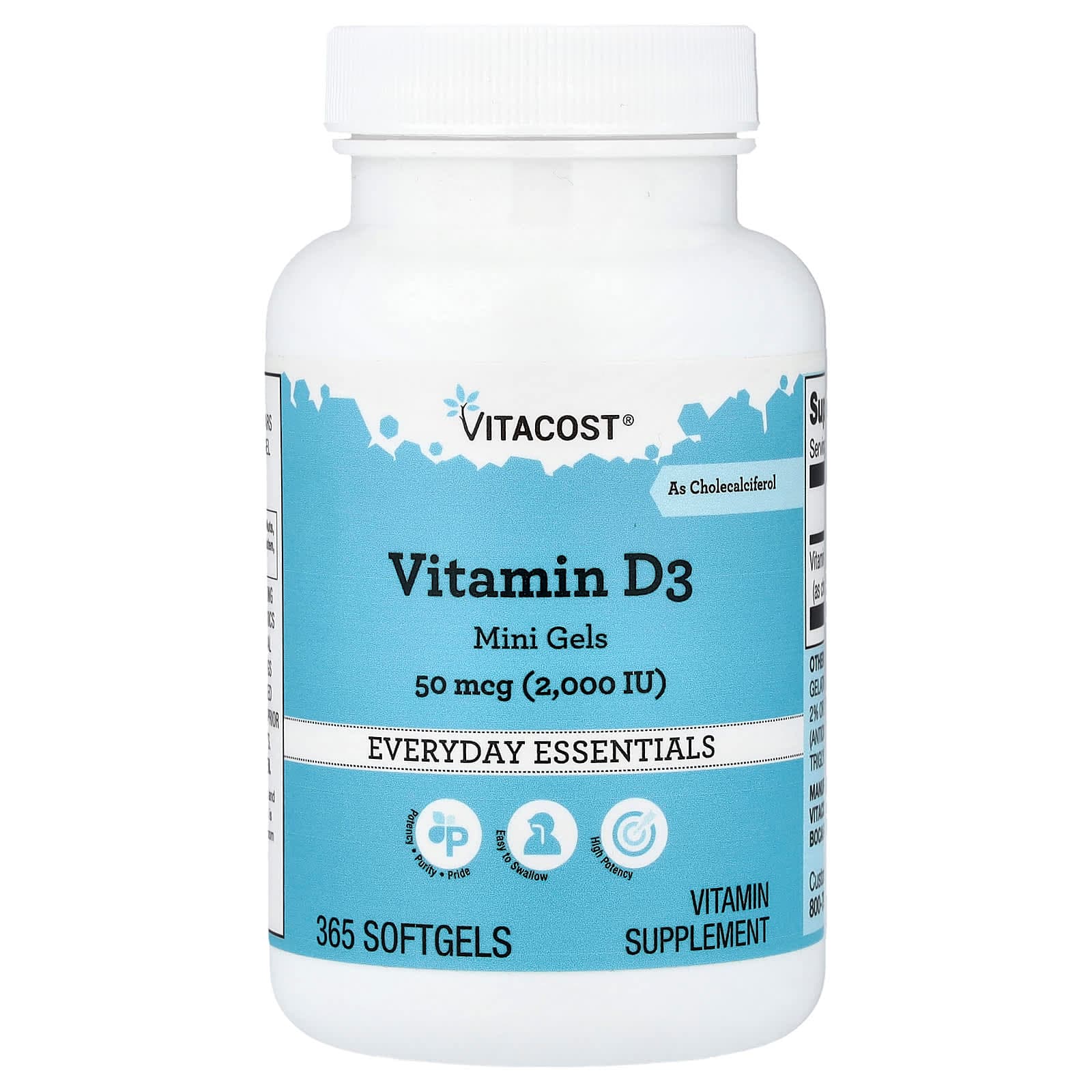 Vitacost, 维生素 D3 迷你凝胶，50 微克（2,000 国际单位），365 粒软胶囊
